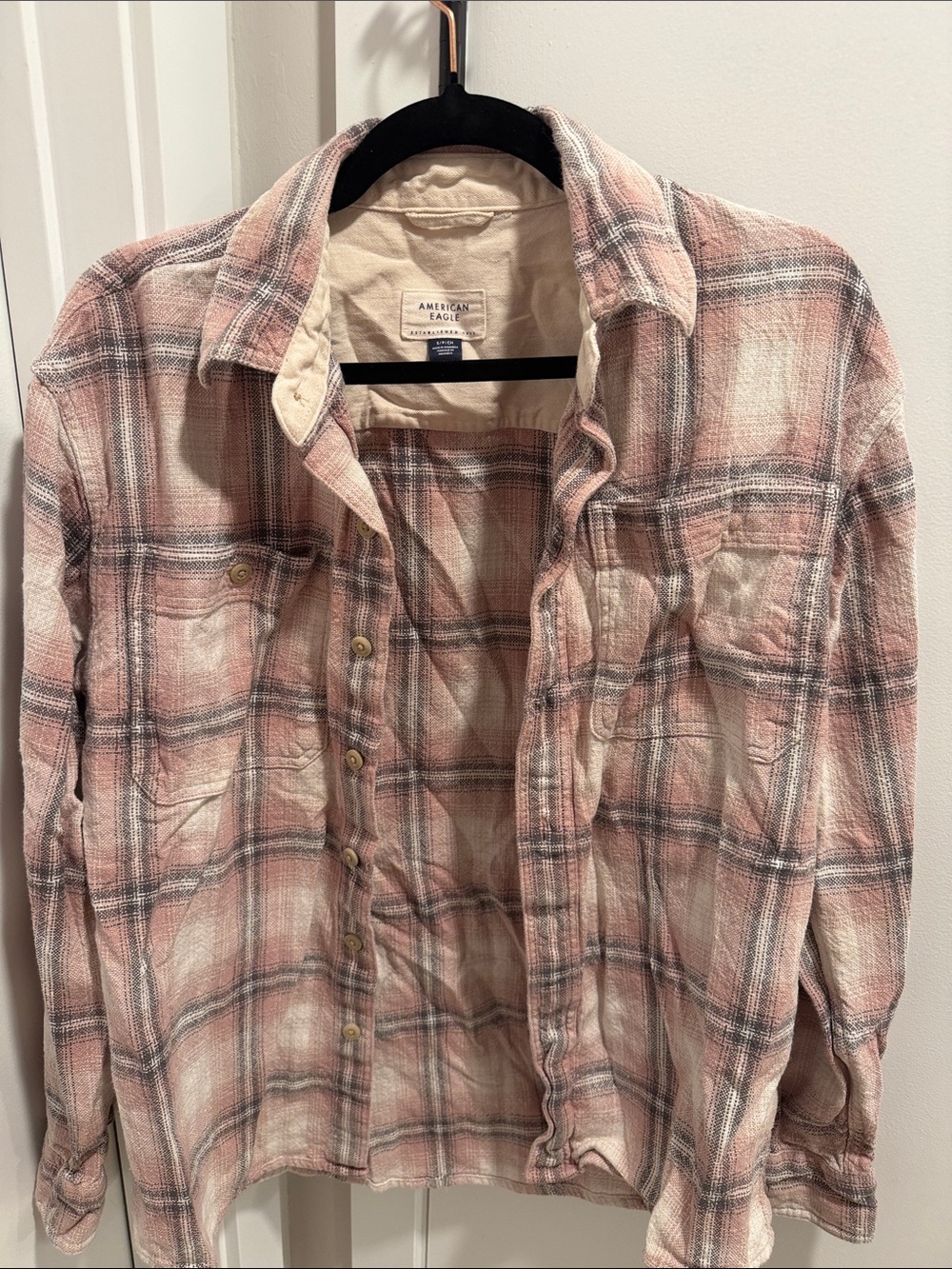 American Eagle Outfitters Soft Pink and Cream Plaid Button-Down Shirt